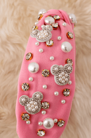 Kids Pink Headband with Mickey/Pearls/Crystals - Boutique Bella BellaHeadband