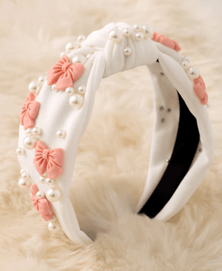 Kids White Headband with Bows and Pearls - Boutique Bella BellaHeadband