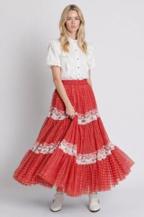Lace Trim Gingham Tulle Maxi Skirt - Boutique Bella BellaSkirt