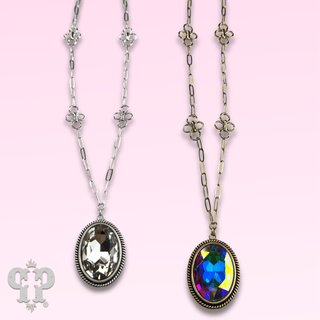 Large oval crystal pendant and flower chain necklace - Boutique Bella BellaNecklaces