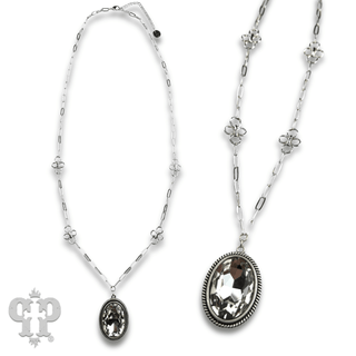 Large oval crystal pendant and flower chain necklace - Boutique Bella BellaNecklaces