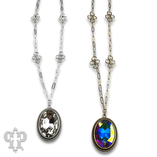 Large oval crystal pendant and flower chain necklace - Boutique Bella BellaNecklaces
