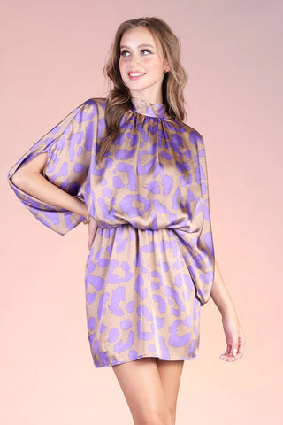 Lavender Leopard Mock Neck Caftan Mini Dress - Boutique Bella BellaDress