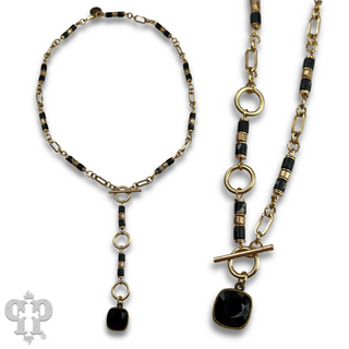 Cylinder stone linked bead with toggle closure and Austrian crystal necklace - LC