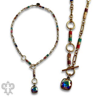 Cylinder stone linked bead with toggle closure and Austrian crystal necklace - LC