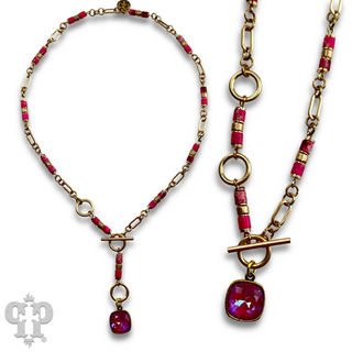 Cylinder stone linked bead with toggle closure and Austrian crystal necklace - LC