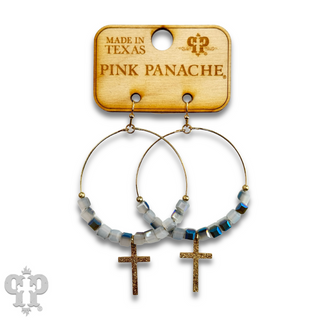 Square crystal bead earring with small gold cross charm, last call