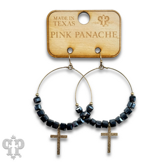 Square crystal bead earring with small gold cross charm, last call
