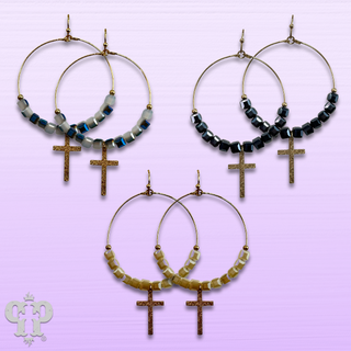 Square crystal bead earring with small gold cross charm, last call