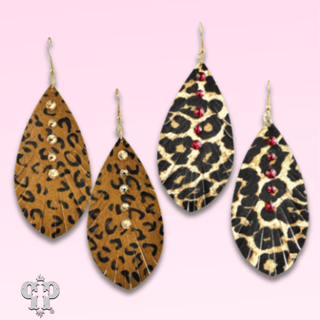 Leather animal print teardrop earring, Austrian crystals - LC - Boutique Bella BellaEarrings
