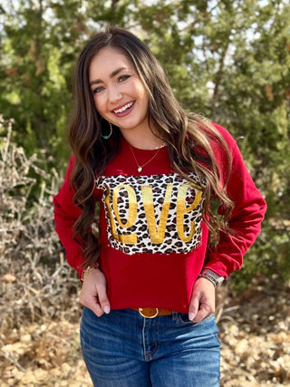 Leopard Love in Gold Puff Sweatshirt in Red - Boutique Bella BellaTop