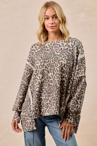 Leopard Print Oversized Waffle Thermal Sweatshirt - Boutique Bella Bellasweatshirt