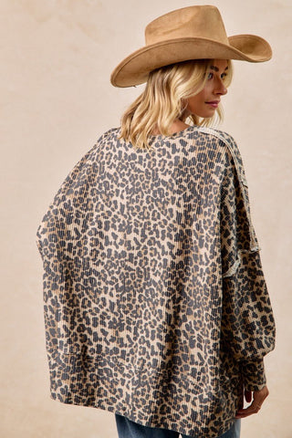 Leopard Print Oversized Waffle Thermal Sweatshirt - Boutique Bella Bellasweatshirt