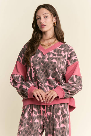 Leopard Print V - Neck Patchwork Sweatshirt - Boutique Bella BellaSweatshirt