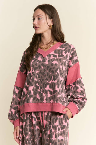 Leopard Print V - Neck Patchwork Sweatshirt - Boutique Bella BellaSweatshirt