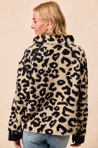 Leopard Sherpa Fleece Half Zip Up - Boutique Bella Bellajacket