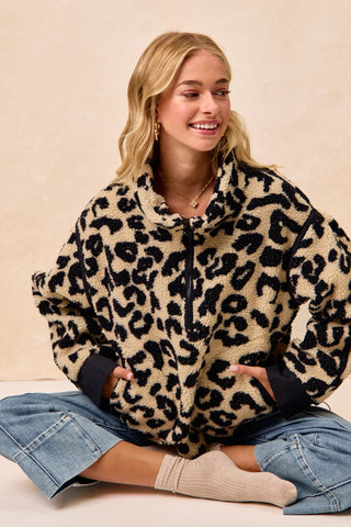 Leopard Sherpa Fleece Half Zip Up - Boutique Bella Bellajacket