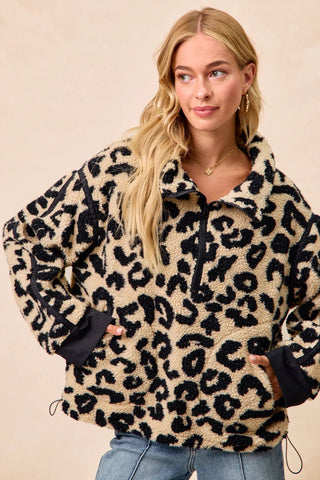 Leopard Sherpa Fleece Half Zip Up - Boutique Bella Bellajacket
