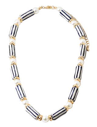 Long Bead with Pearl Bead Necklace - Blue and White Multi Stripe - Boutique Bella BellaNecklaces