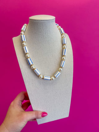 Long Bead with Pearl Bead Necklace - Blue - Boutique Bella BellaNecklaces