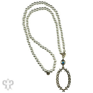 Long pearl bead necklace with shiny metal pendant, Austrian crystal - Boutique Bella BellaNecklaces