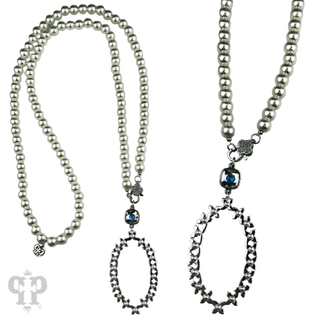 Long pearl bead necklace with shiny metal pendant, Austrian crystal - Boutique Bella BellaNecklaces