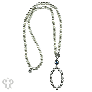 Long pearl bead necklace with shiny metal pendant, Austrian crystal - Boutique Bella BellaNecklaces