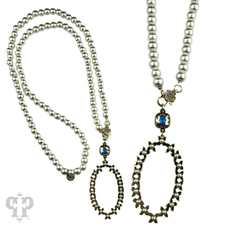 Long pearl bead necklace with shiny metal pendant, Austrian crystal - Boutique Bella BellaNecklaces