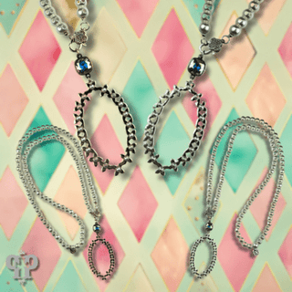 Long pearl bead necklace with shiny metal pendant, Austrian crystal - Boutique Bella BellaNecklaces