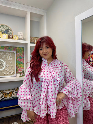 Loowie Pink & White Polka Dot Ruffled Blouse - Boutique Bella BellaBlouse