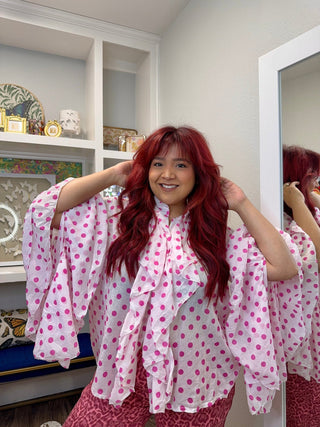 Loowie Pink & White Polka Dot Ruffled Blouse - Boutique Bella BellaBlouse