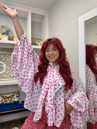 Loowie Pink & White Polka Dot Ruffled Blouse - Boutique Bella BellaBlouse