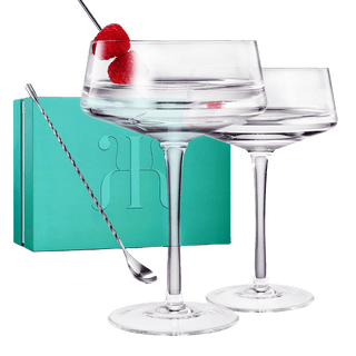 Luxury Martini Glass Set Of 2 10OZ Crystal Luxury Martini With Silver Spoon Premium Hand Blown Class - Boutique Bella Bella