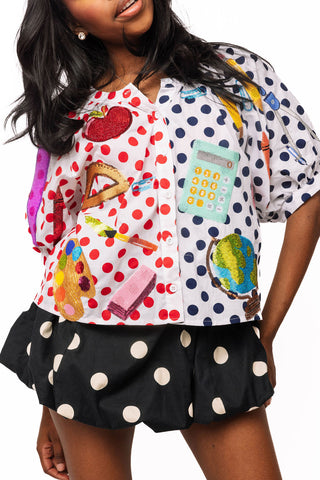 QOS Colorblock Polka Dot Teacher Icon Button Up Top