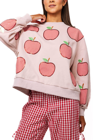 QOS Light Pink & Red Gingham Apple Sweatshirt