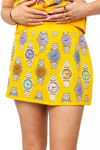 QOS Yellow Multi Watch Knit Skirt