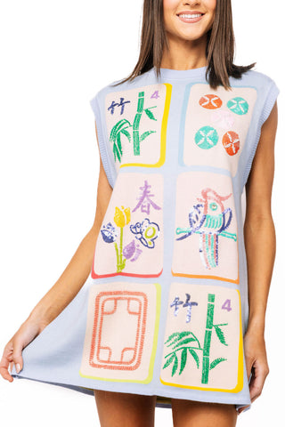 QOS Light Blue Knit Mahjong Tile Tank Dress