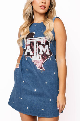 QOS  Licensed Texas A&M Scattered Jewel Denim Sequin Mascot Tank Dress