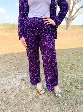 Mardi Gras Olympia Velvet Sequin Pants in Purple - Boutique Bella BellaSequin pants