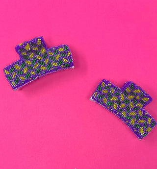 Mardi Gras Seed Bead Claw Clip - Purple Square - Boutique Bella BellaDistress