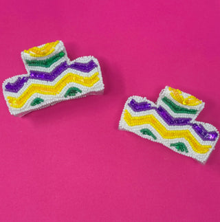 Mardi Gras Seed Bead Claw Clip - Sequin Chevron - White - Boutique Bella BellaDistress