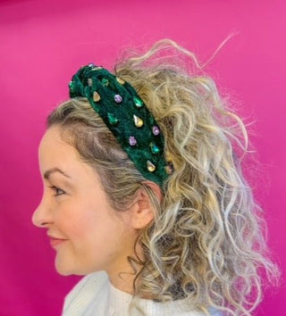 Mardi Gras Velvet Rhinestone Headband - Green - Boutique Bella BellaDistress