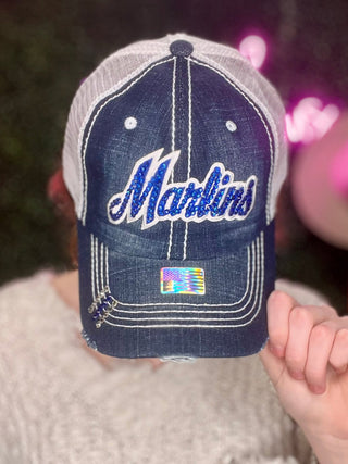 Marlins Bling Denim/White Hat - Boutique Bella BellaBaseball Cap