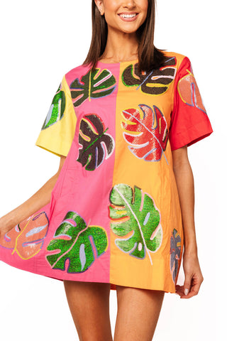 QOS Colorblock Cotton Palm Leaf Short Sleeve Dress