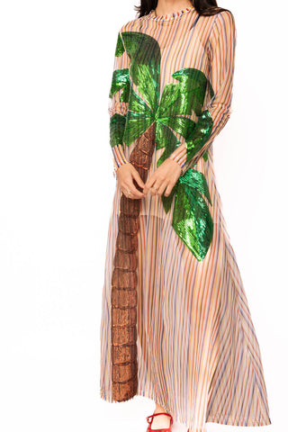 QOS Rainbow Stripe Long Sleeve Palm Tree Sheer Coverup