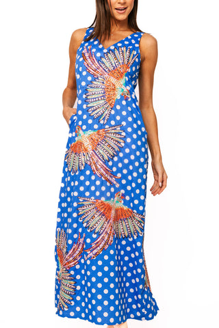 QOS Blue & White Polka Dot Bird Cotton Midi Dress