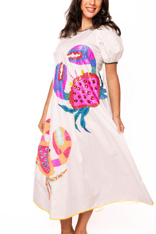 QOS White Tie Back Multi Crab Cotton Midi Dress