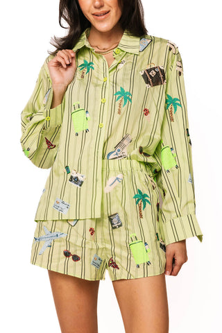 QOS Green Stiped Travel Icon Button Up Long Sleeve Top