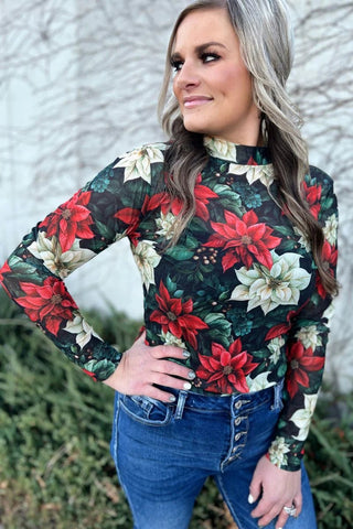 Meet Me Under The Poinsettia Mesh Top - Boutique Bella BellaMesh Top