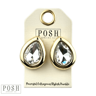 Metal tone rimmed rhinestone teardrop earring - Boutique Bella BellaEarrings